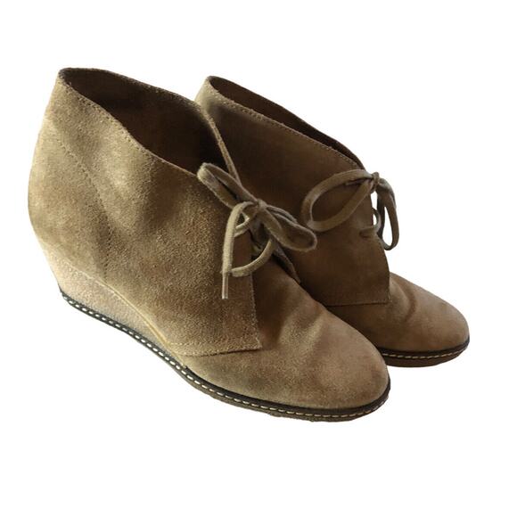 J. Crew‎ Suede Wedge Chukka Desert Ankle BOOTIES Boots - Size 8 - Tan Lace Up - Picture 1 of 12